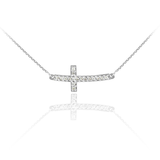 14K White Gold Diamond Sideways Cute Curved Cross Necklace