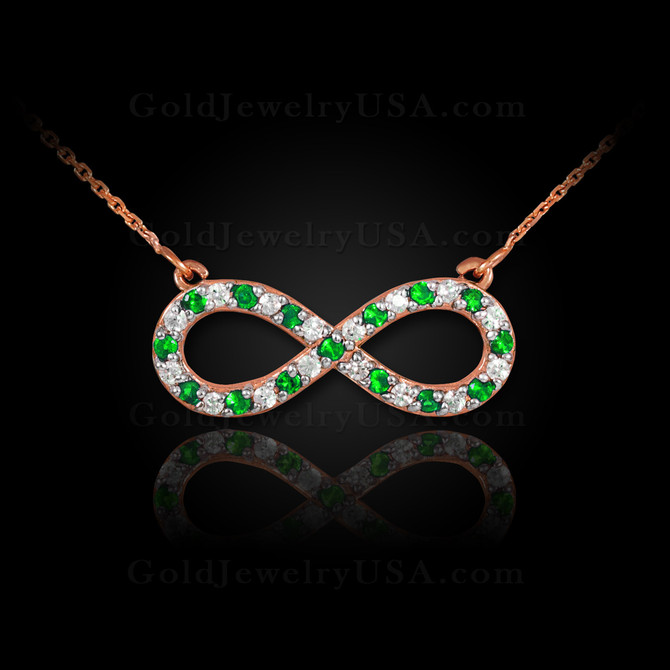 14K Rose Gold Infinity Necklace with Diamonds and Emeralds