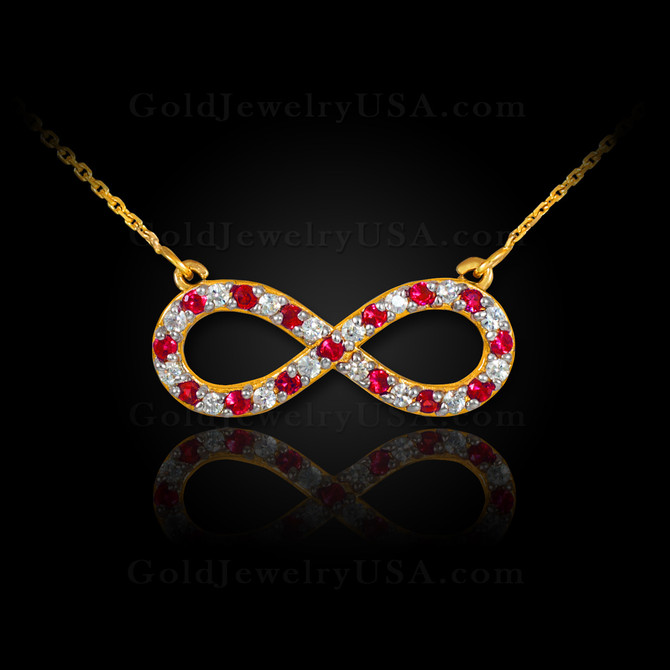 14K Gold Infinity Necklace with Diamonds and Rubies