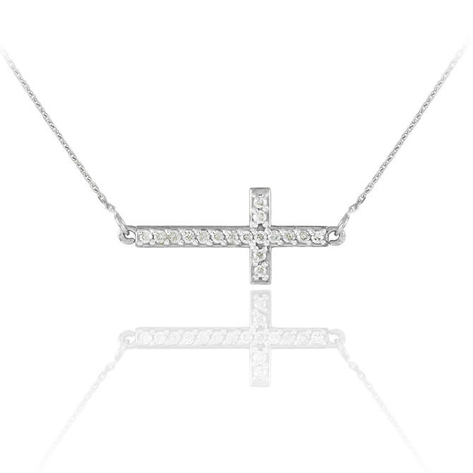 14K White Gold Diamond Sideways Cross Cute Necklace