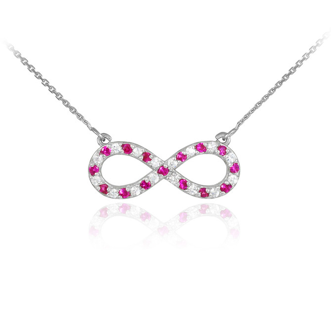 14K White Gold Infinity Necklace with Diamonds and Rubies