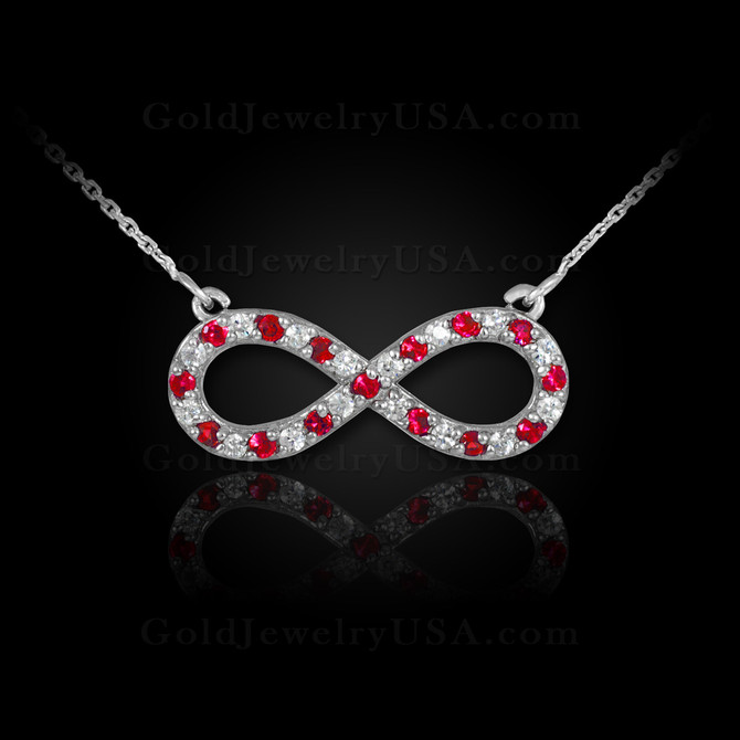 14K White Gold Infinity Necklace with Diamonds and Rubies