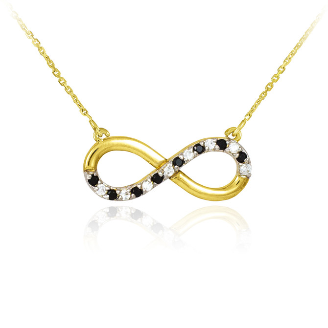 14K Polished Gold Infinity Necklace with Clear and Black Diamonds