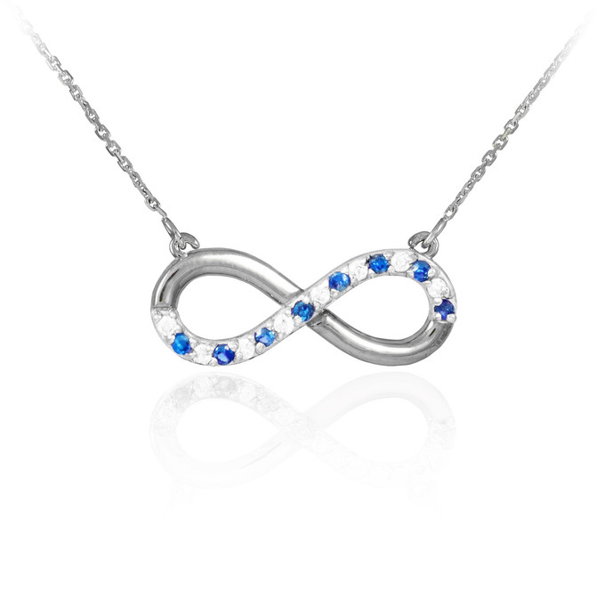 14K White Gold Diamond Infinity Necklace with Sapphires