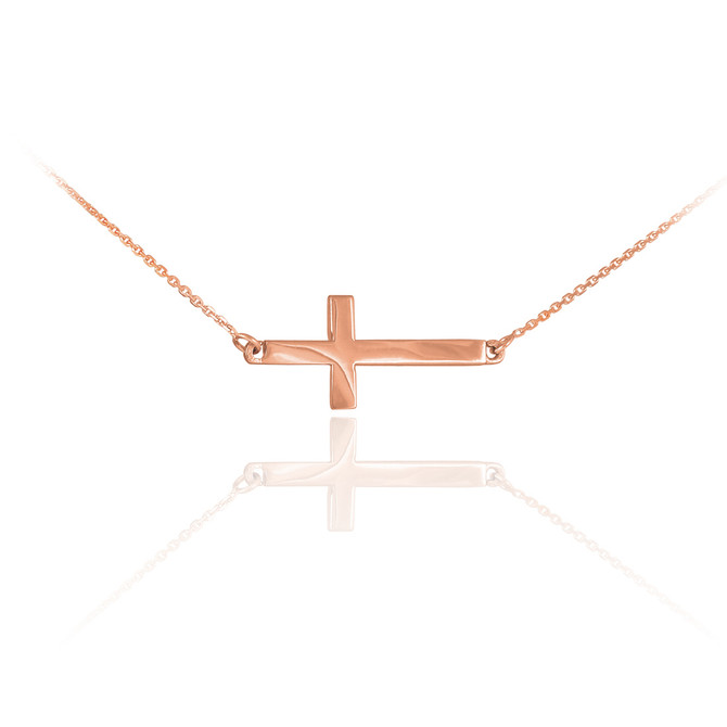 14K Solid Rose Gold Sideways Cross Cute Necklace