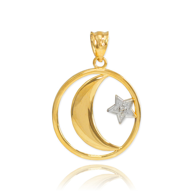 Gold Crescent Moon with Diamond Star Islamic Pendant Necklace