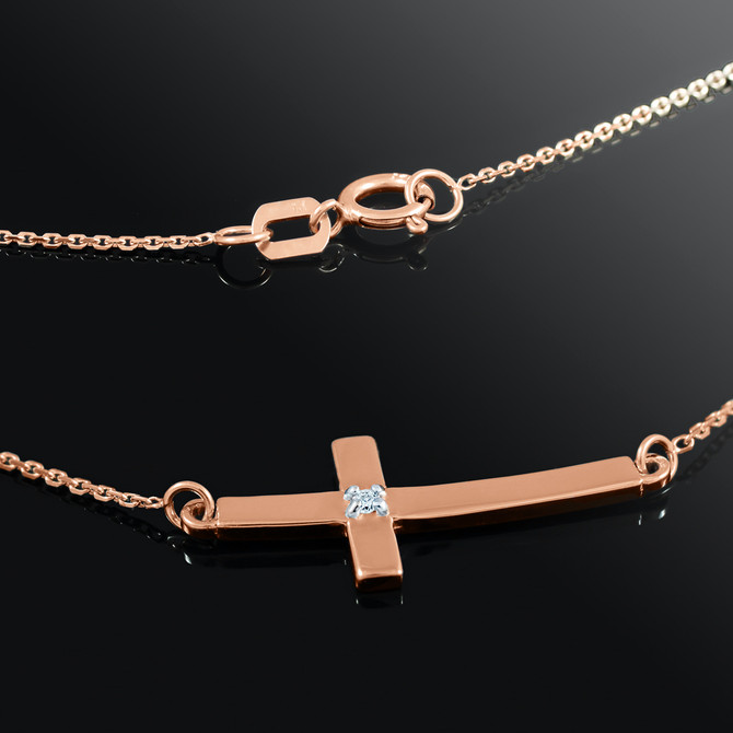 14K Rose Gold Sideways Small Curved Diamond Cross Pendant Necklace