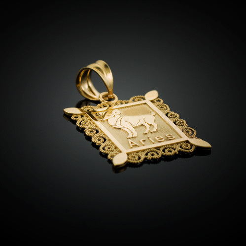 Polished Gold Aries Zodiac Sign Rectangular Pendant Necklace
