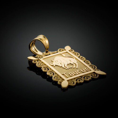Polished Gold Taurus Zodiac Sign Rectangular Pendant Necklace