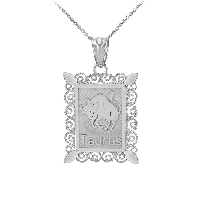 Polished White Gold Taurus Zodiac Sign Rectangular Pendant Necklace