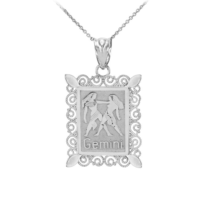 White Gold Gemini Zodiac Sign Filigree Square Pendant Necklace