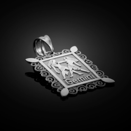 White Gold Gemini Zodiac Sign Filigree Square Pendant Necklace