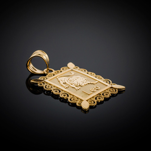 Polished Gold Leo Zodiac Sign Rectangular Pendant Necklace