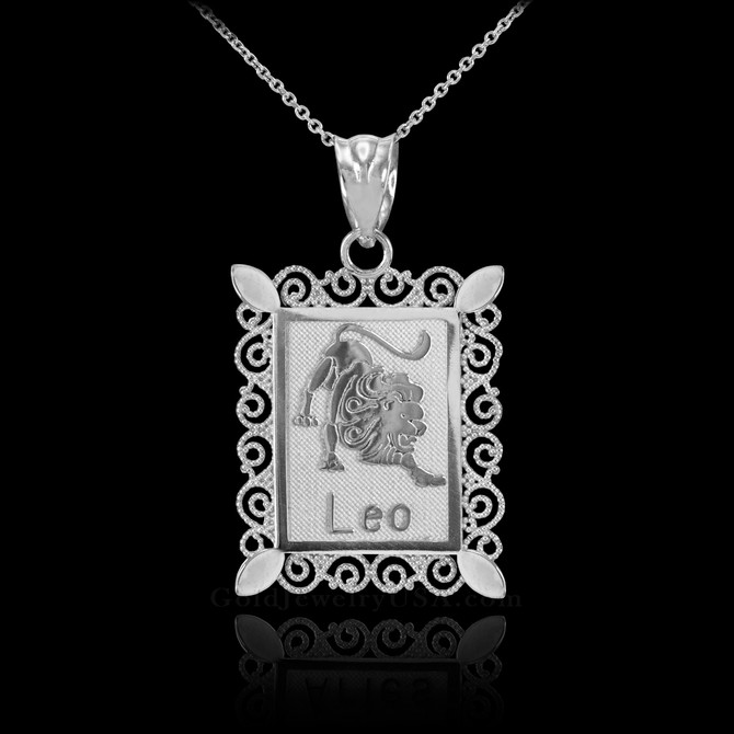 Polished White Gold Leo Zodiac Sign Rectangular Pendant Necklace