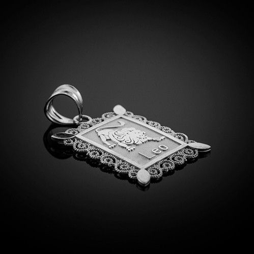 Polished White Gold Leo Zodiac Sign Rectangular Pendant Necklace