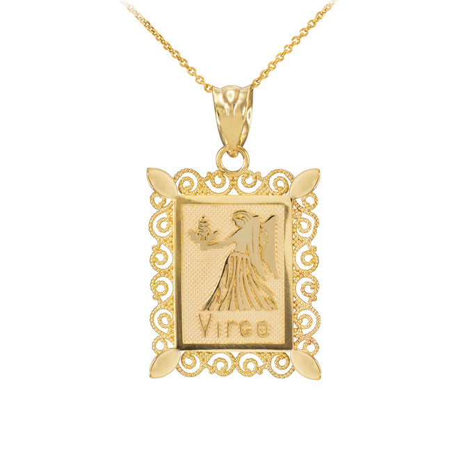 Gold Virgo Zodiac Sign Filigree Square Pendant Necklace