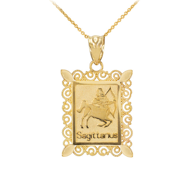 Gold Sagittarius Zodiac Sign Filigree Pendant Necklace