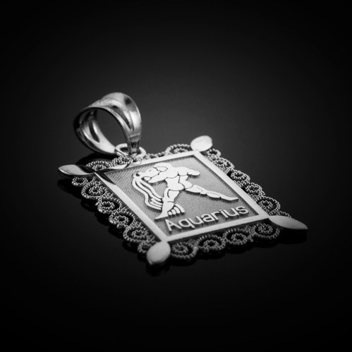 Polished White Gold Aquarius Zodiac Sign Rectangular Pendant Necklace