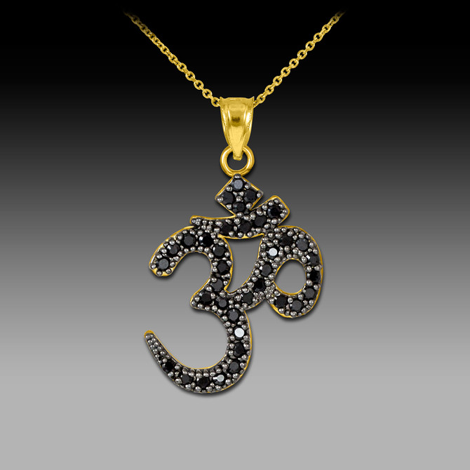 14k Gold Om Black Diamond Pendant Necklace