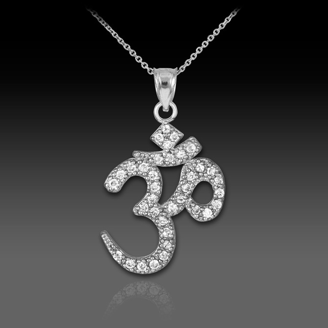 14k White Gold Om Diamond Pendant Necklace