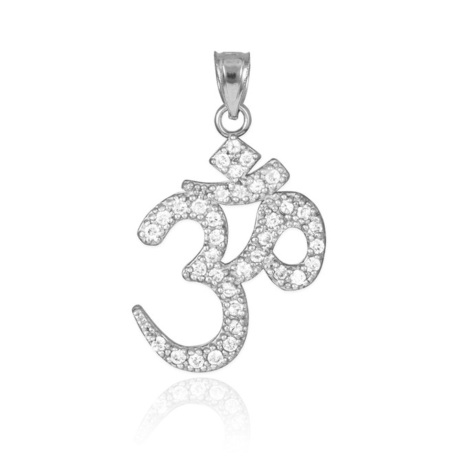 14k White Gold Om Diamond Pendant Necklace