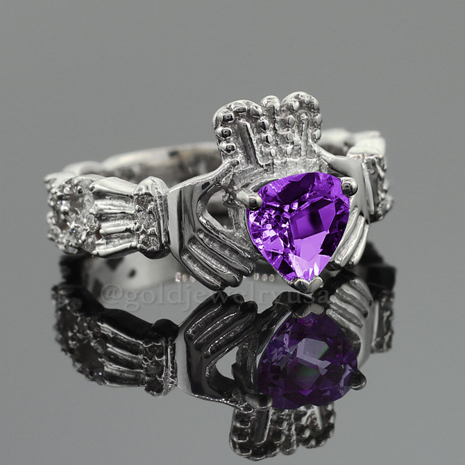 White Gold Amethyst Birthstone Diamond Claddagh Ring