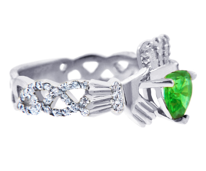 White Gold Peridot Birthstone Diamond Claddagh Ring