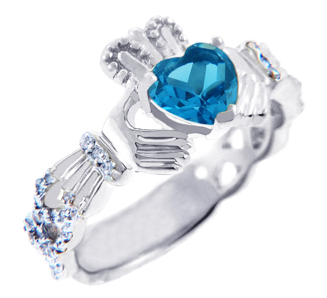 White Gold Blue Topaz Birthstone Diamond Claddagh Ring