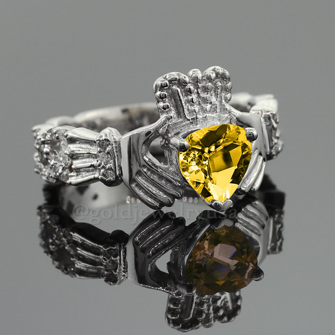 White Gold Citrine Birthstone Diamond Celtic Band Claddagh Engagement Ring