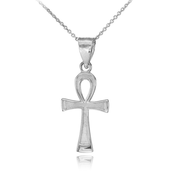 White Gold Egyptian Ankh Cross Charm Necklace