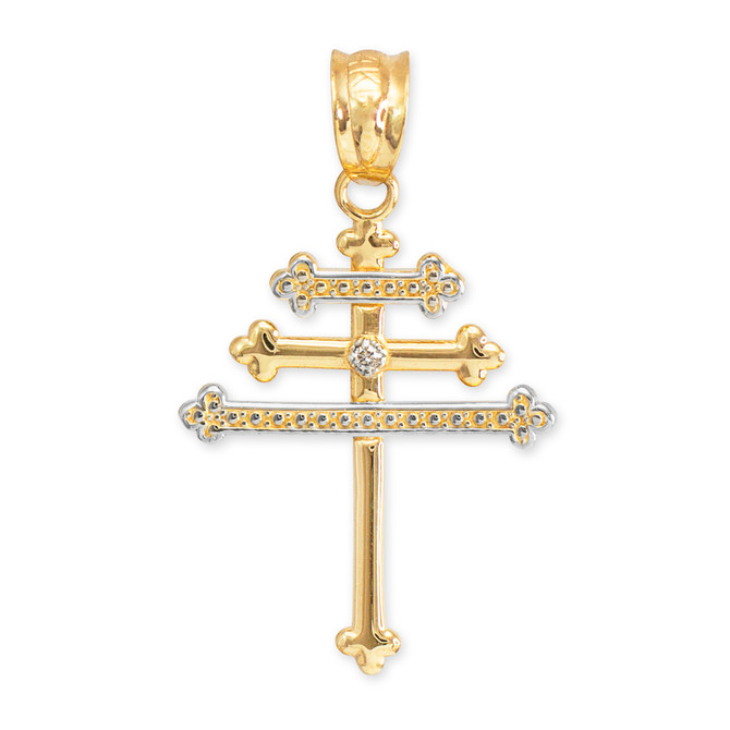 Gold Maronite Aramaic Cross Diamond Pendant Necklace