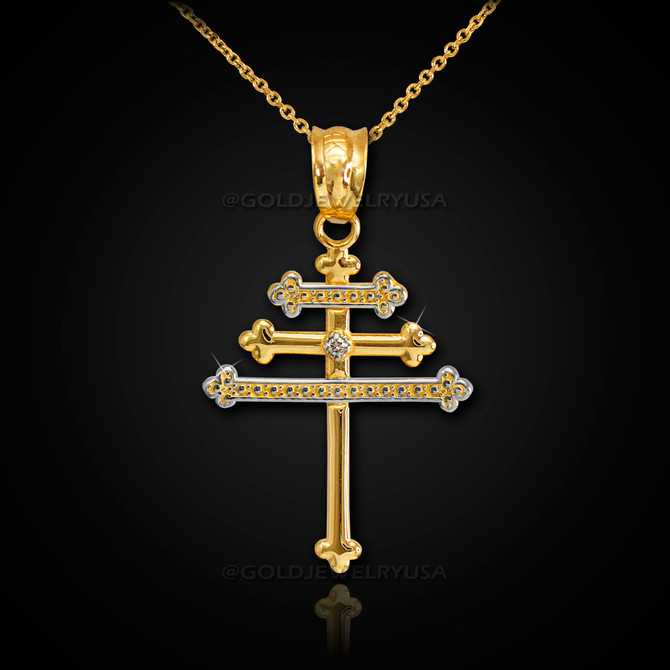 Gold Maronite Aramaic Cross Diamond Pendant Necklace