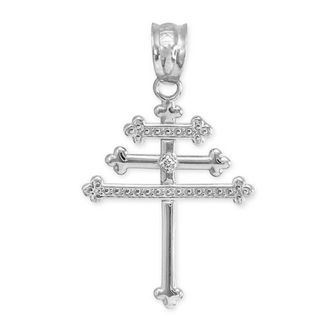 White Gold Maronite Aramaic Cross Diamond Pendant Necklace