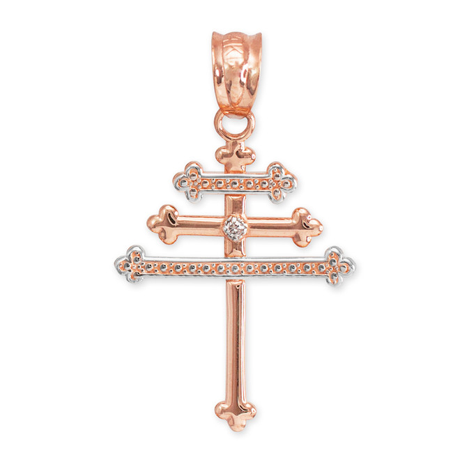 Rose Gold Maronite Aramaic Cross Diamond Pendant Necklase