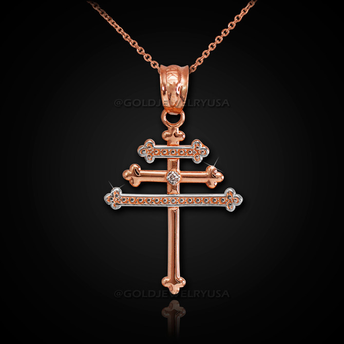 Rose Gold Maronite Aramaic Cross Diamond Pendant Necklase