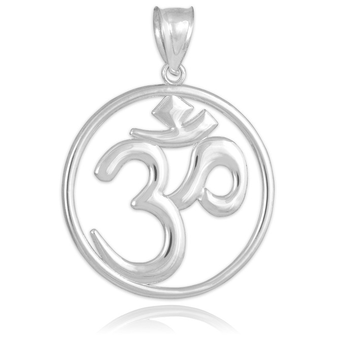 White Gold Om Open Medallion Pendant Necklace
