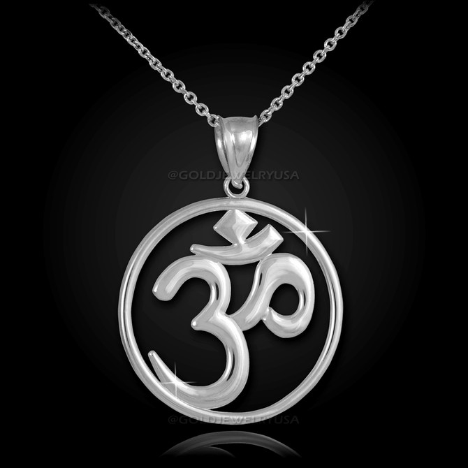 White Gold Om Open Medallion Pendant Necklace