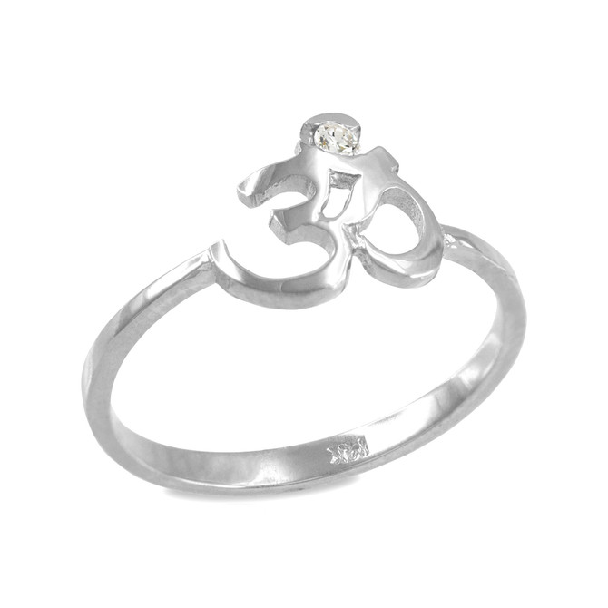 Dainty White Gold Om Diamond Ring