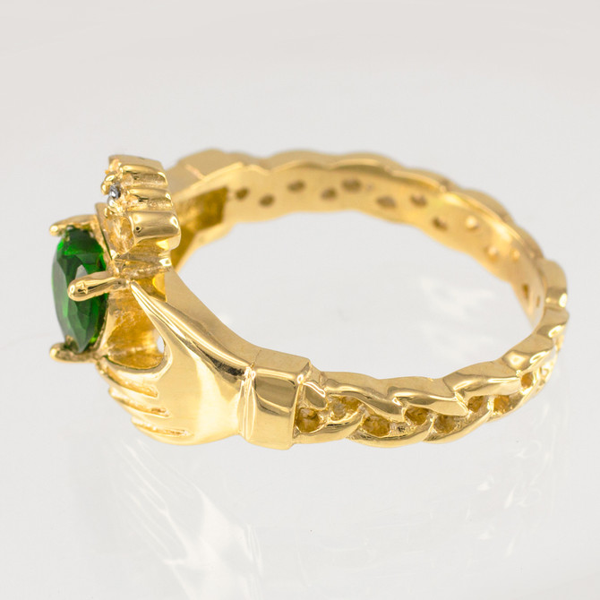 Gold Celtic Band Emerald Green CZ Claddagh Ring