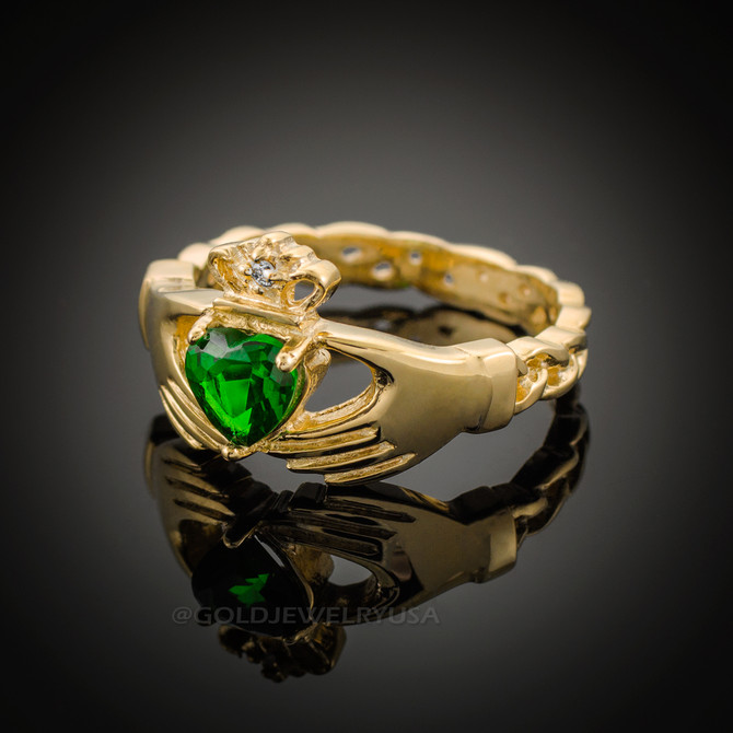 Gold Celtic Band Emerald Green CZ Claddagh Ring