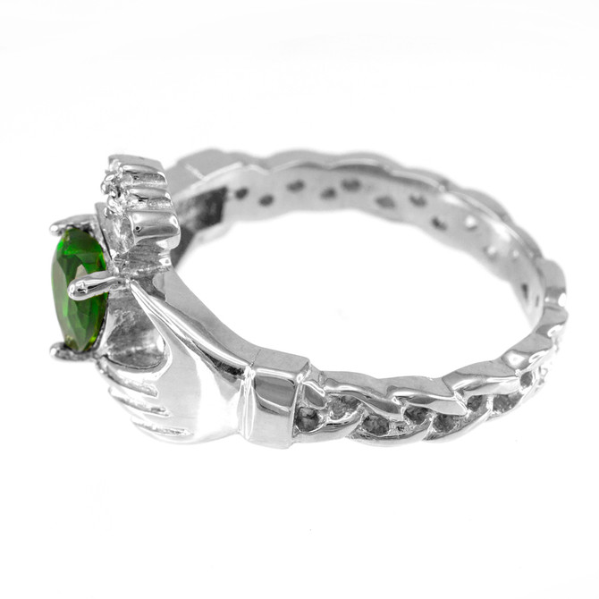 White Gold Celtic Band Emerald Green CZ Claddagh Ring
