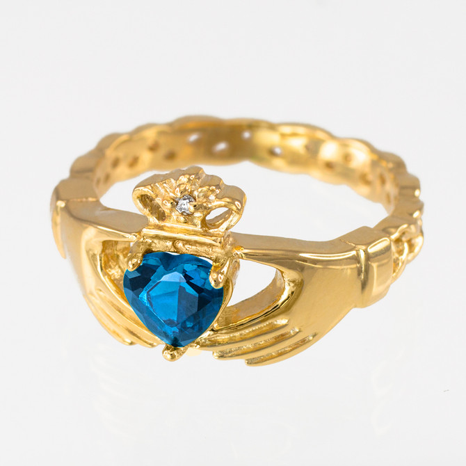 Gold Celtic Band Blue Topaz CZ Claddagh Ring