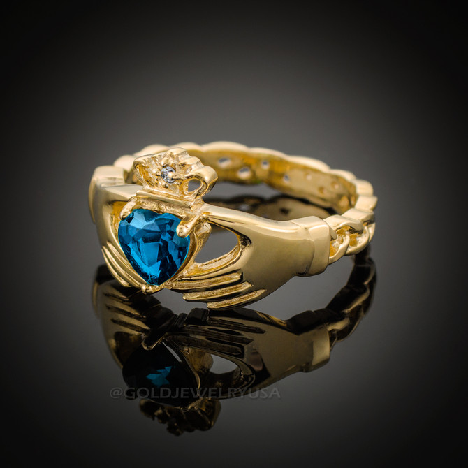 Gold Celtic Band Blue Topaz CZ Claddagh Ring