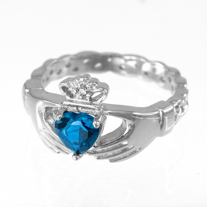 White Gold Celtic Band Blue Topaz CZ Claddagh Ring