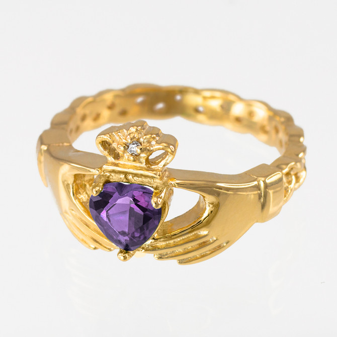 Gold Celtic Band Amethyst CZ Claddagh Ring