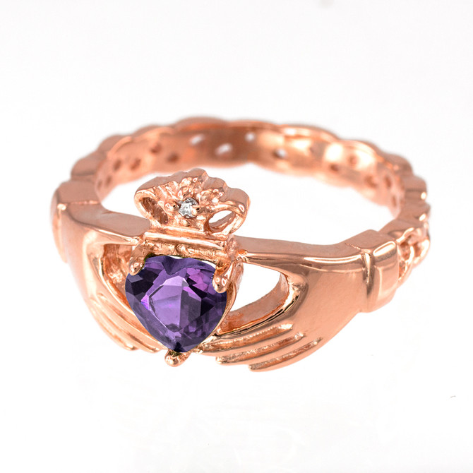 Rose Gold Celtic Band Amethyst CZ Claddagh Ring