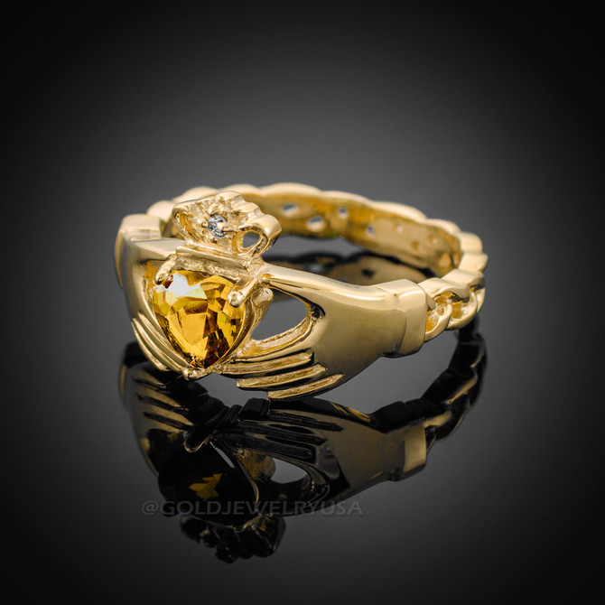 Gold Celtic Band Citrine CZ Claddagh Ring