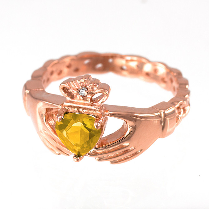 Rose Gold Celtic Band Citrine CZ Claddagh Ring