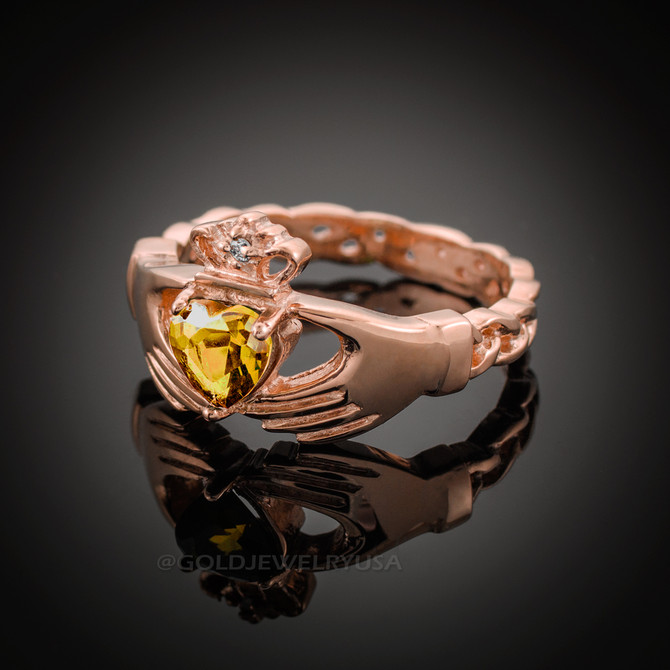 Rose Gold Celtic Band Citrine CZ Claddagh Ring