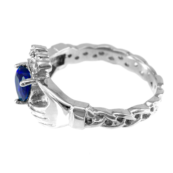 White Gold Celtic Band Sapphire CZ Claddagh Ring